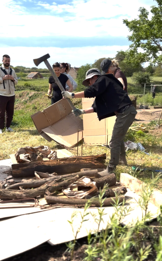 Person chopping wood outdoors with an axe
